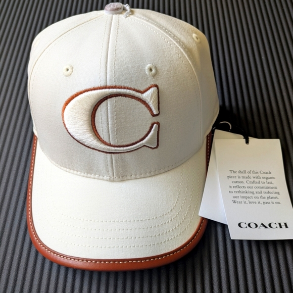 Coach White Brown Baseball Cotton Cap Hat Size M/L New! - Picture 1 of 5